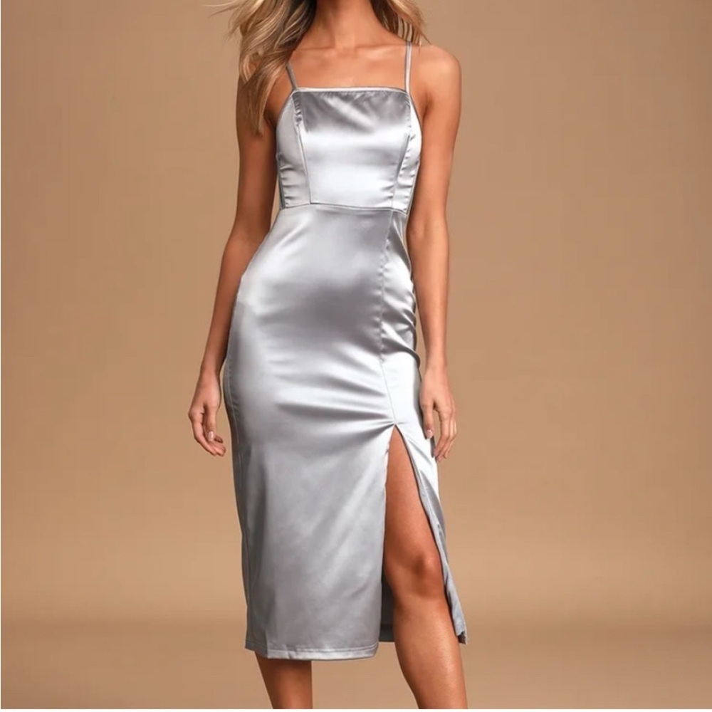 Lulus Dusty Blue Satin Midi Dress Womens Size Small New With Tag Sleeveless